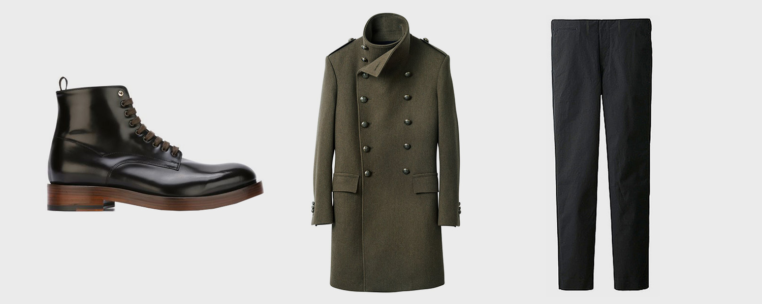 Ботинки Paul Smith, £370, пальто H&M x Balmain, 24 000 р. (первоначальная цена — 12 999 р.), брюки Uniqlo, 2999 р.