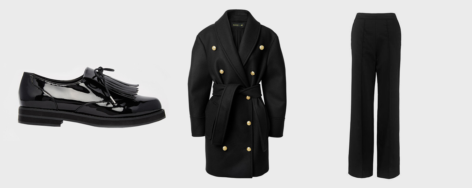 Лоферы Asos, 3333 р., пальто H&M x Balmain, 40 000 р. (первоначальная цена — 9999 р.), брюки Whistles, £195 
