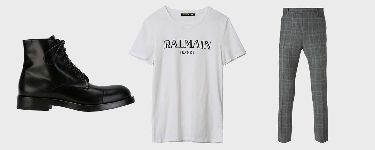 Ботинки Raparo, £382, футболка H&M x Balmain, 6000 р. (первоначальная цена — 1999 р.), мужские брюки Lanvin, £415