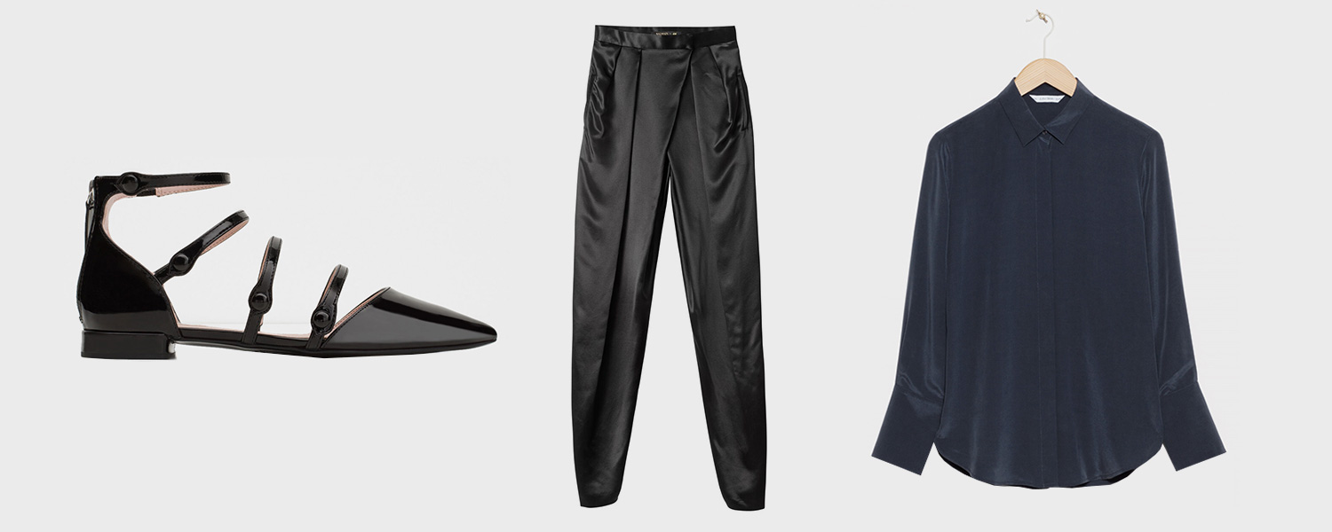 Балетки Zara, 2999 р., брюки H&M x Balmain, 11 000 р. (первоначальная цена — 5999 р.), рубашка & Other Stories, £65